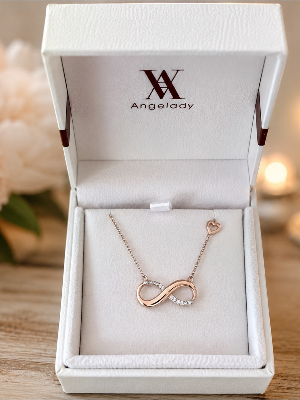 Rose Gold Infinity Necklace Cubic Zirconia Heart Pendant NWT Gift Box